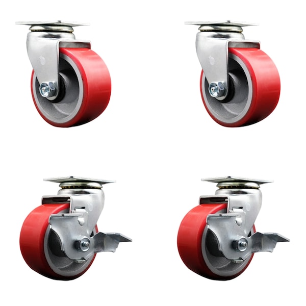 4 Inch Red Poly on Cast Iron Swivel Caster Set with Ball Bearings 2 Brakes